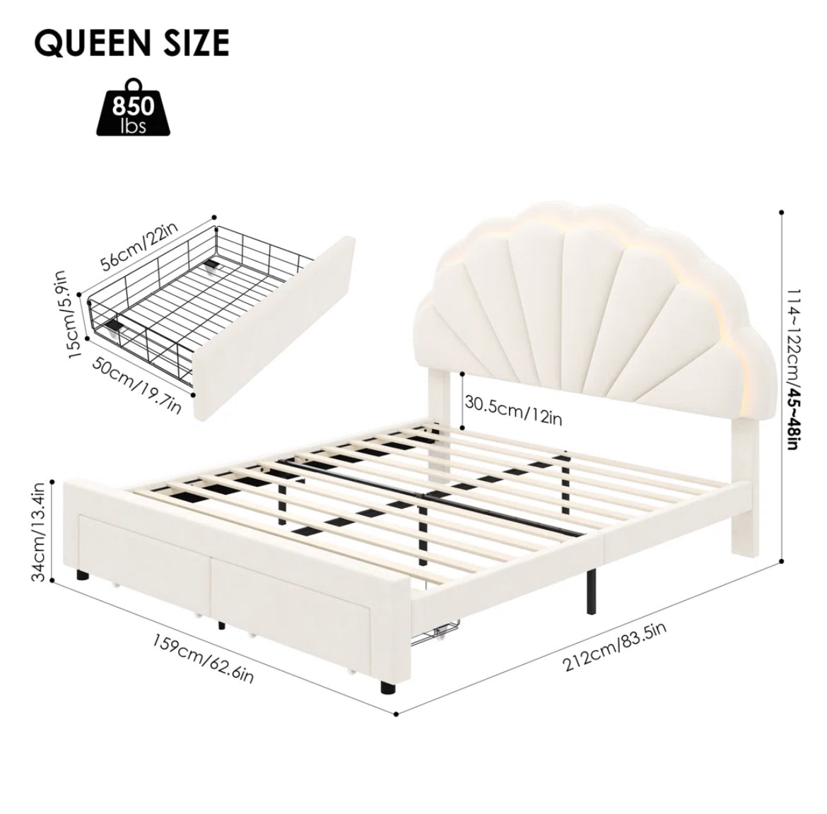 LED Bed Frame w/ Drawers & Adjustable Headboard