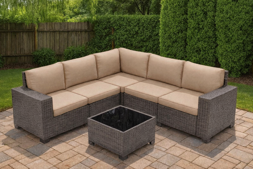 Multi-piece Outdoor Sectional Furniture Set w/ Glass Top Table