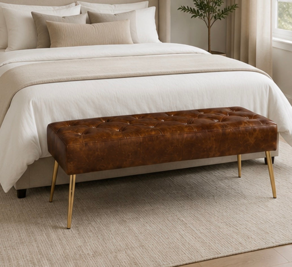 Modern Tufted Leather Bench w/ Metal Legs