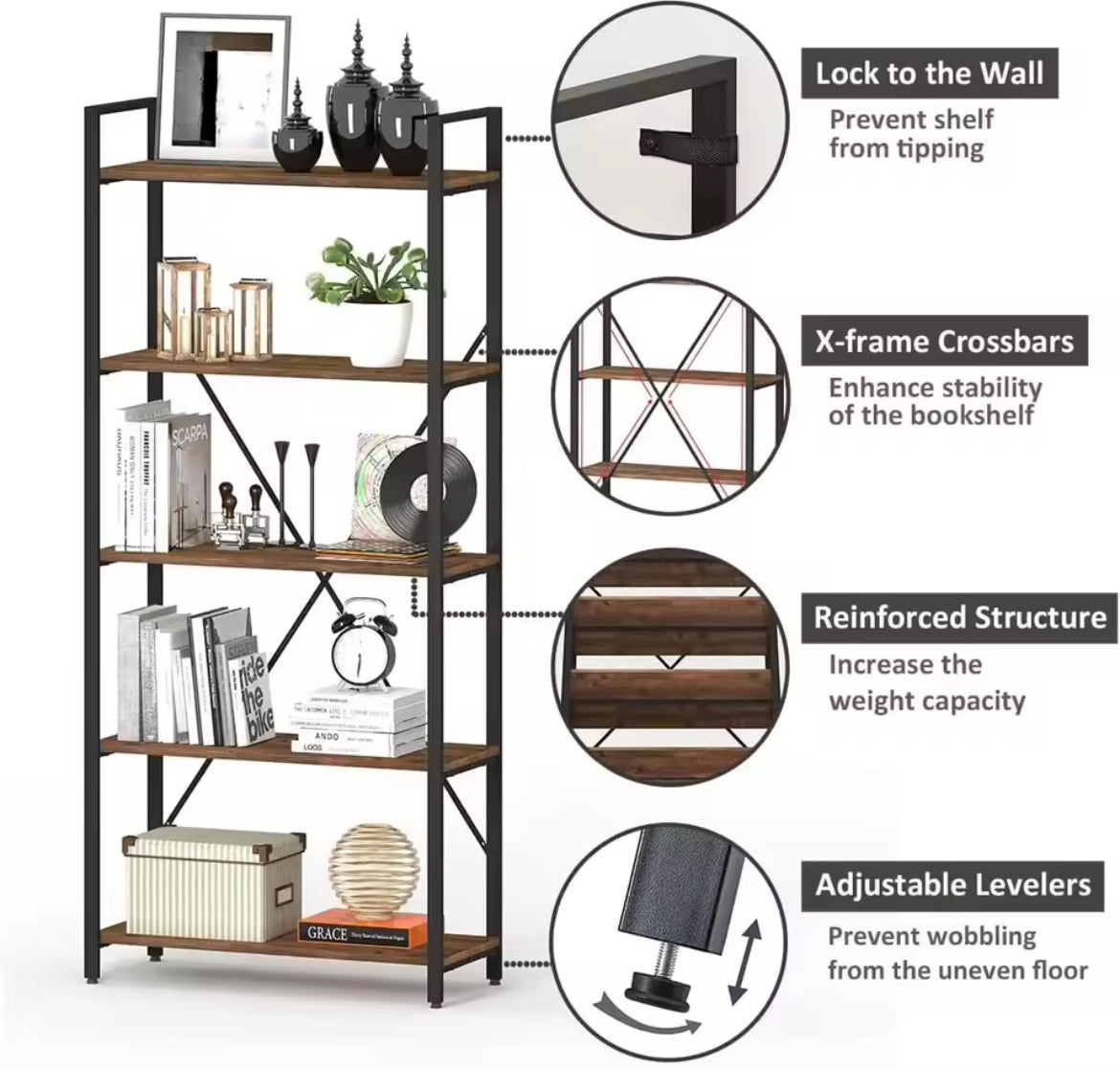5-Tier Industrial Bookshelf