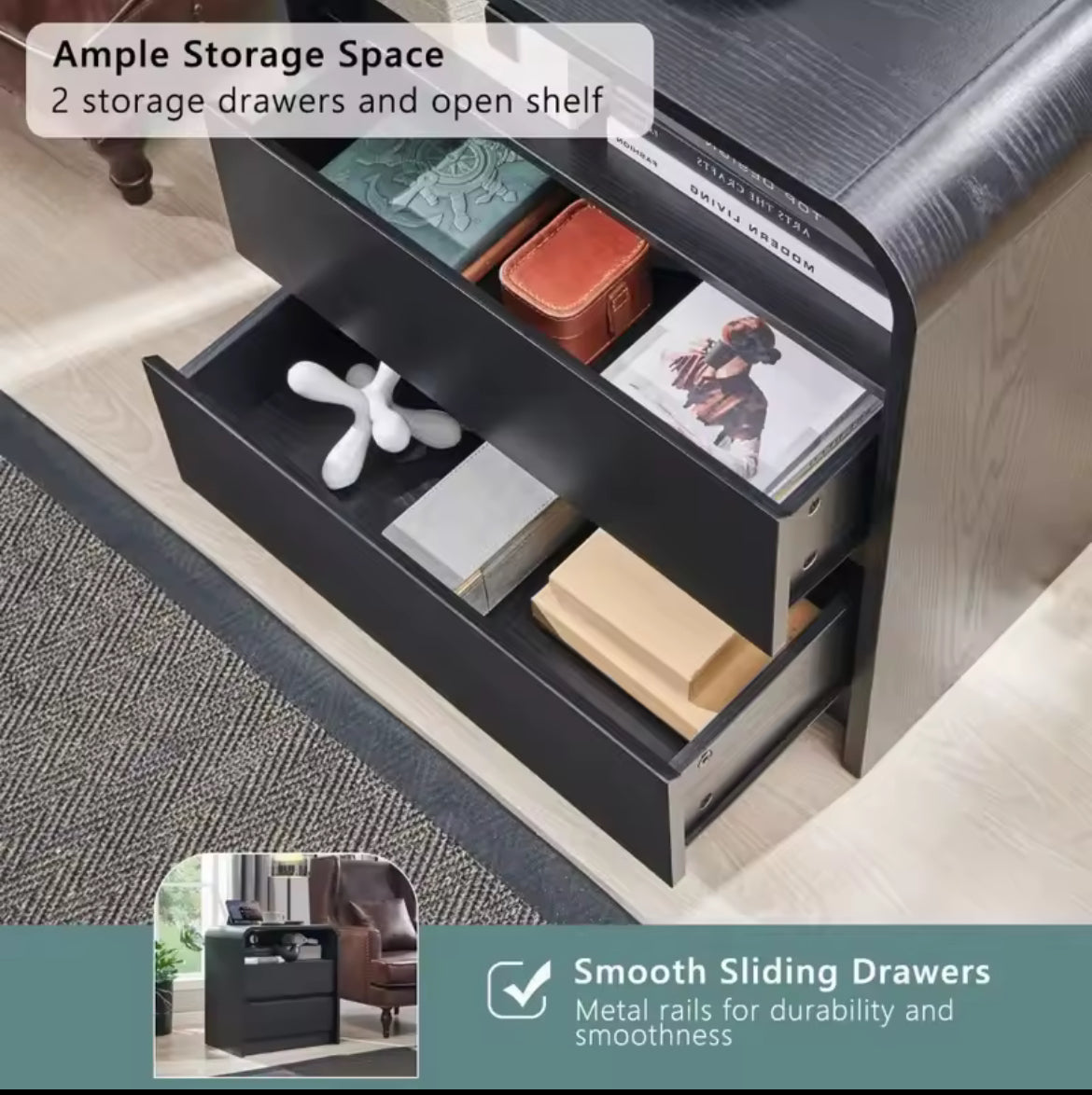 Modern Bedside Table w/ Storage Drawers