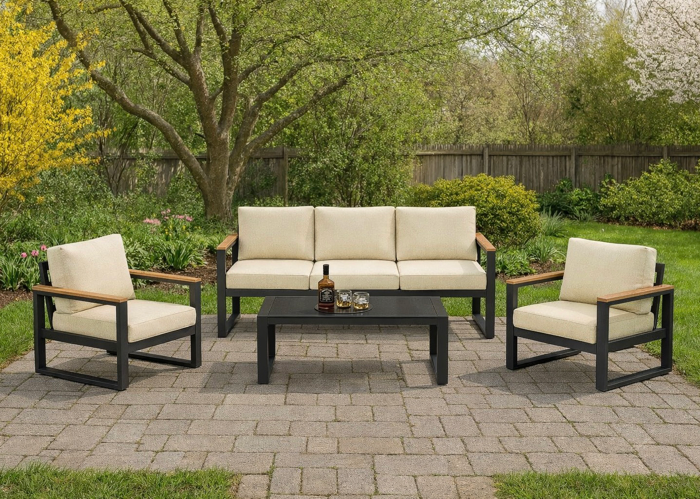 Outdoor Seating Group w/ Wood Armrest & Cushions