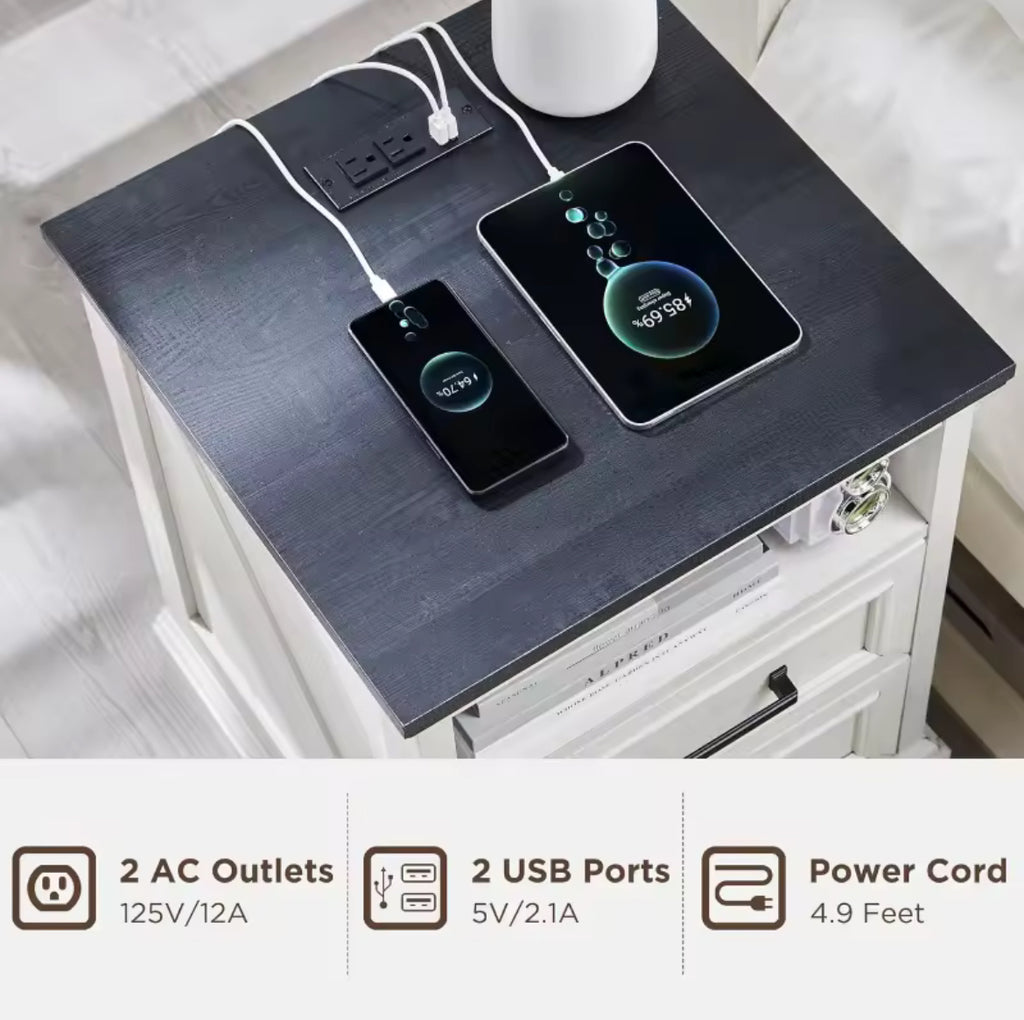 2-Drawer Farmhouse Nightstand w/ Charging Station