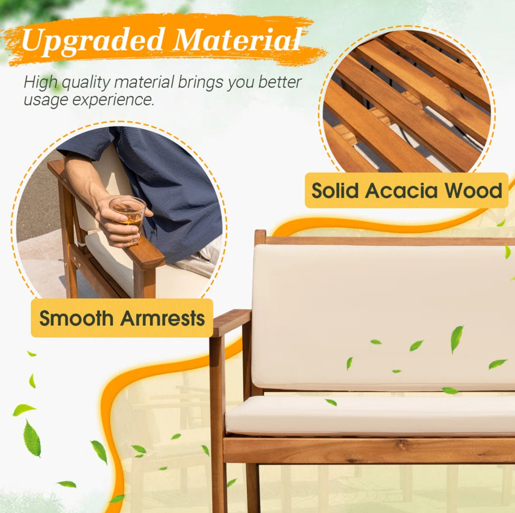 4-Pieces Outdoor Acacia Wood Conversation Sets w/ Cushions