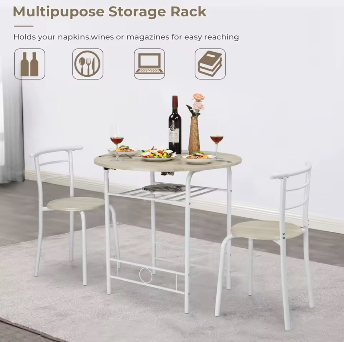 3-Piece Drop Leaf Dining Table Set for 2