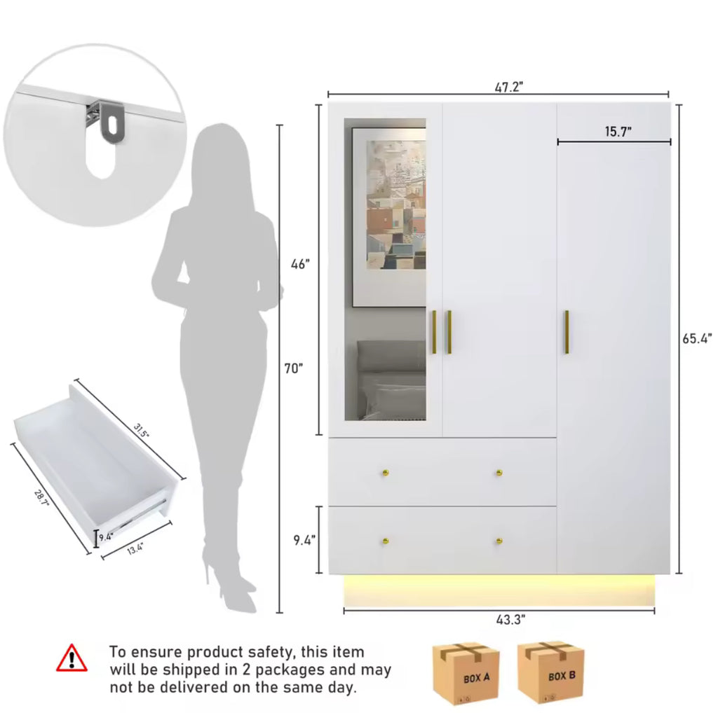 43” Modern 3-Door Armoire w/ LED Lights