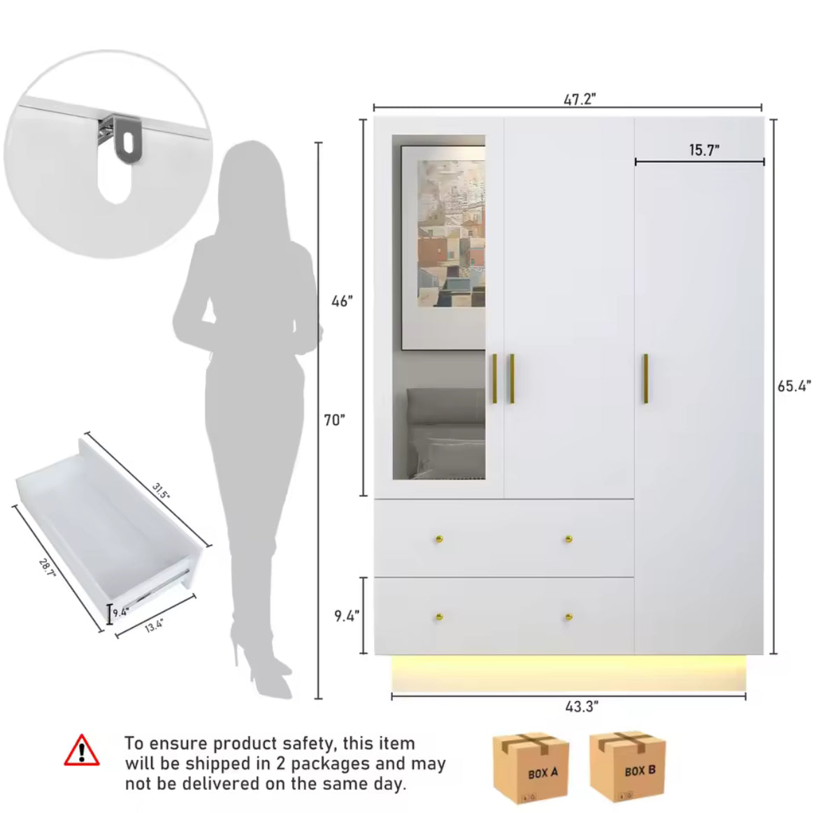 43” Modern 3-Door Armoire w/ LED Lights