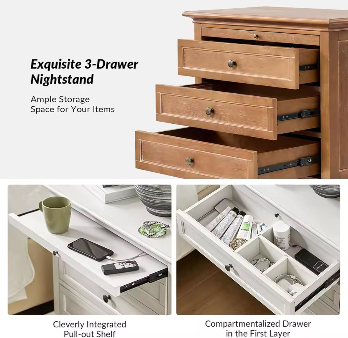 3-Drawer Farmhouse Nightstand