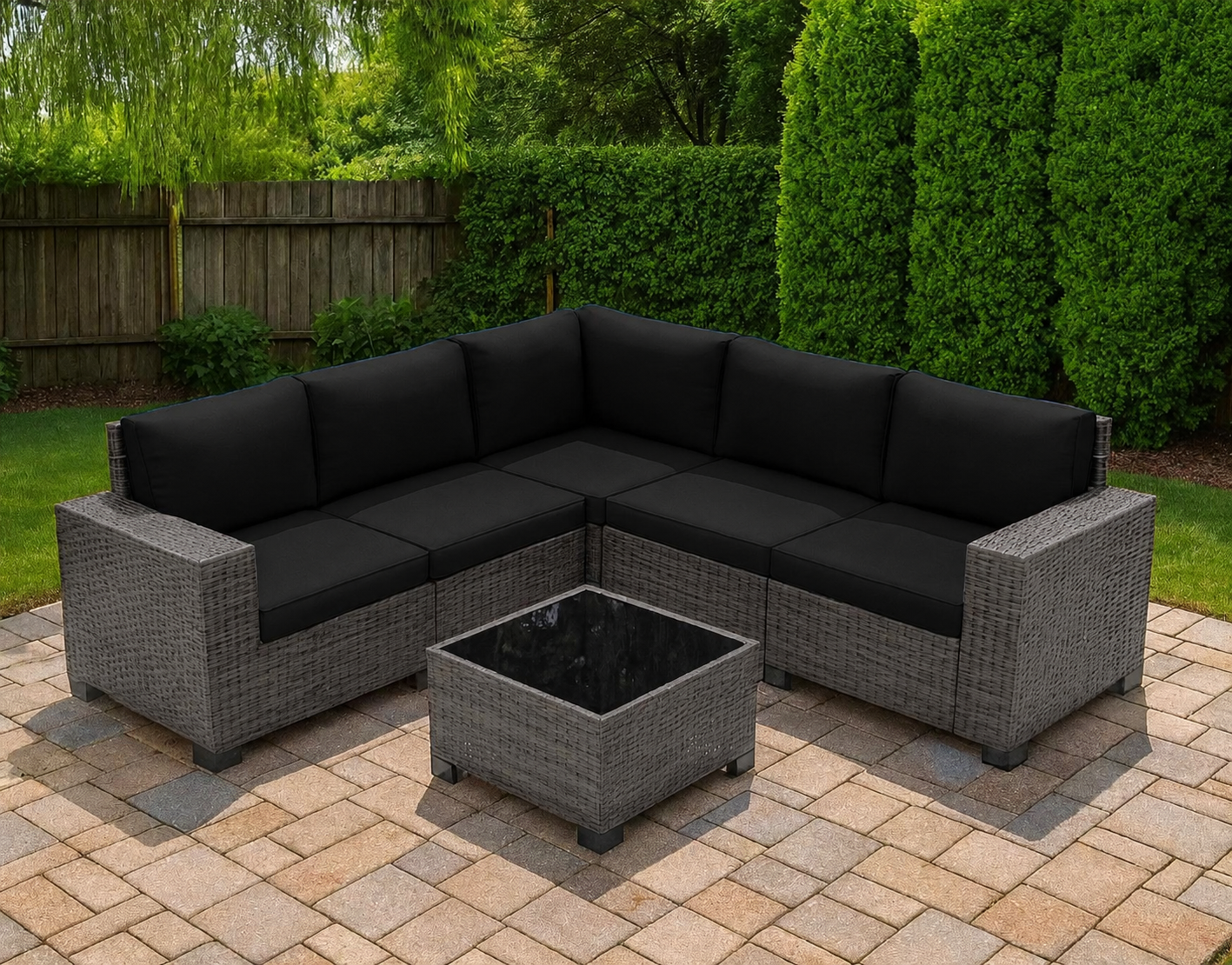 Multi-piece Outdoor Sectional Furniture Set w/ Glass Top Table