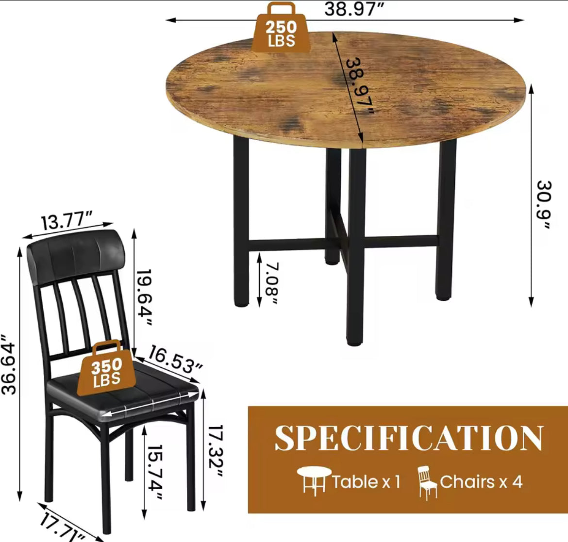 Rustic Round Dining Table Set for 4