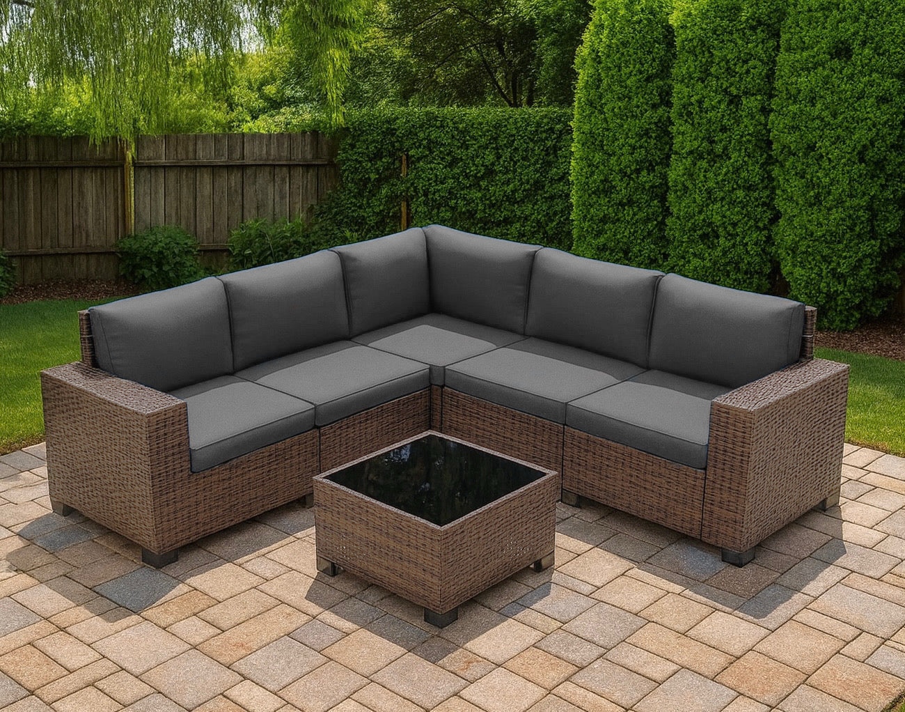 Multi-piece Outdoor Sectional Furniture Set w/ Glass Top Table