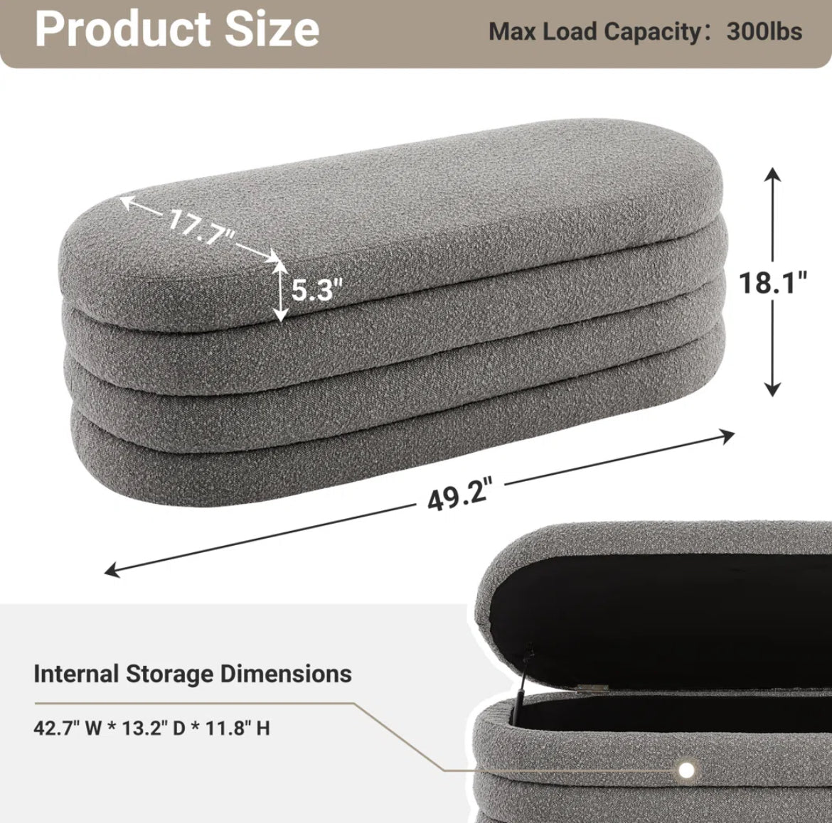 49” Upholstered Storage Bench