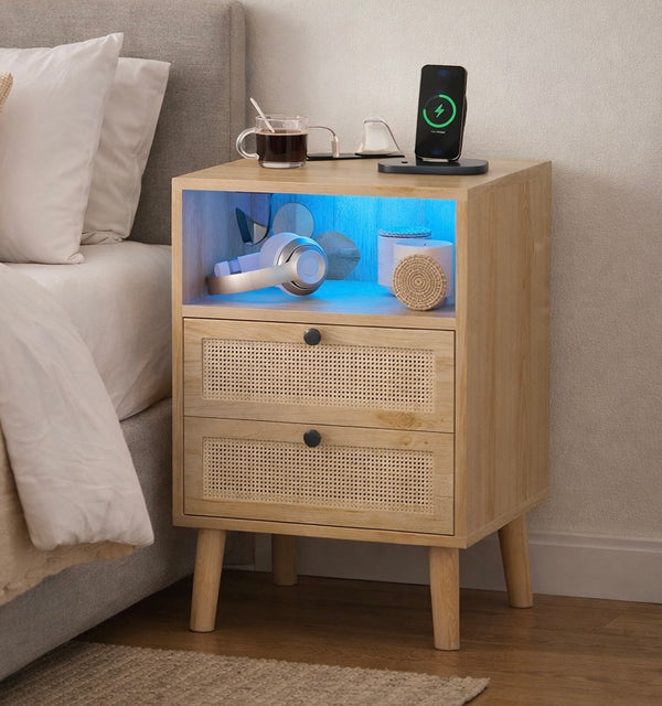 Rattan Nightstand w/ LED & Charging Station