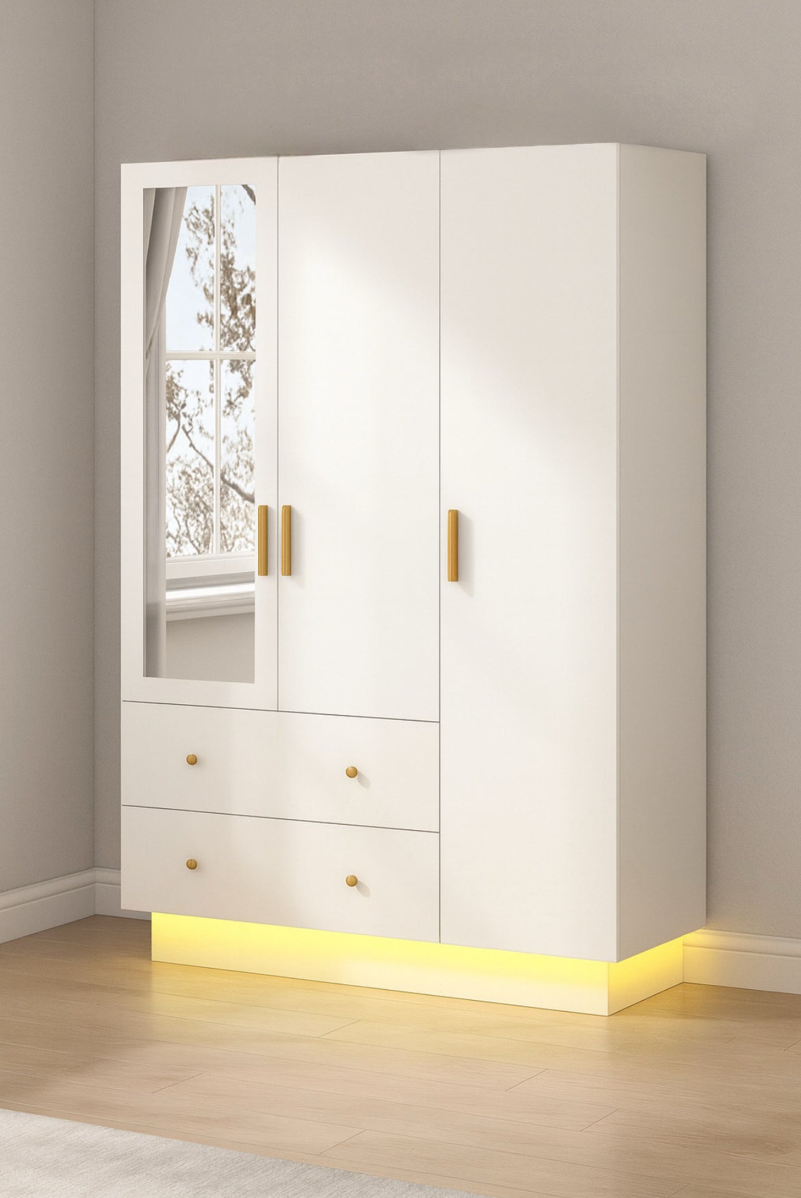 43” Modern 3-Door Armoire w/ LED Lights