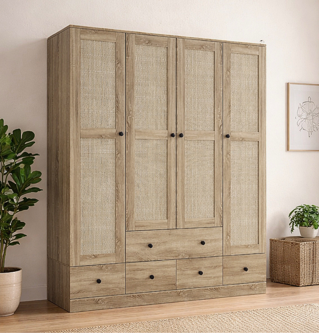 59” 4-Door Rattan Armoire