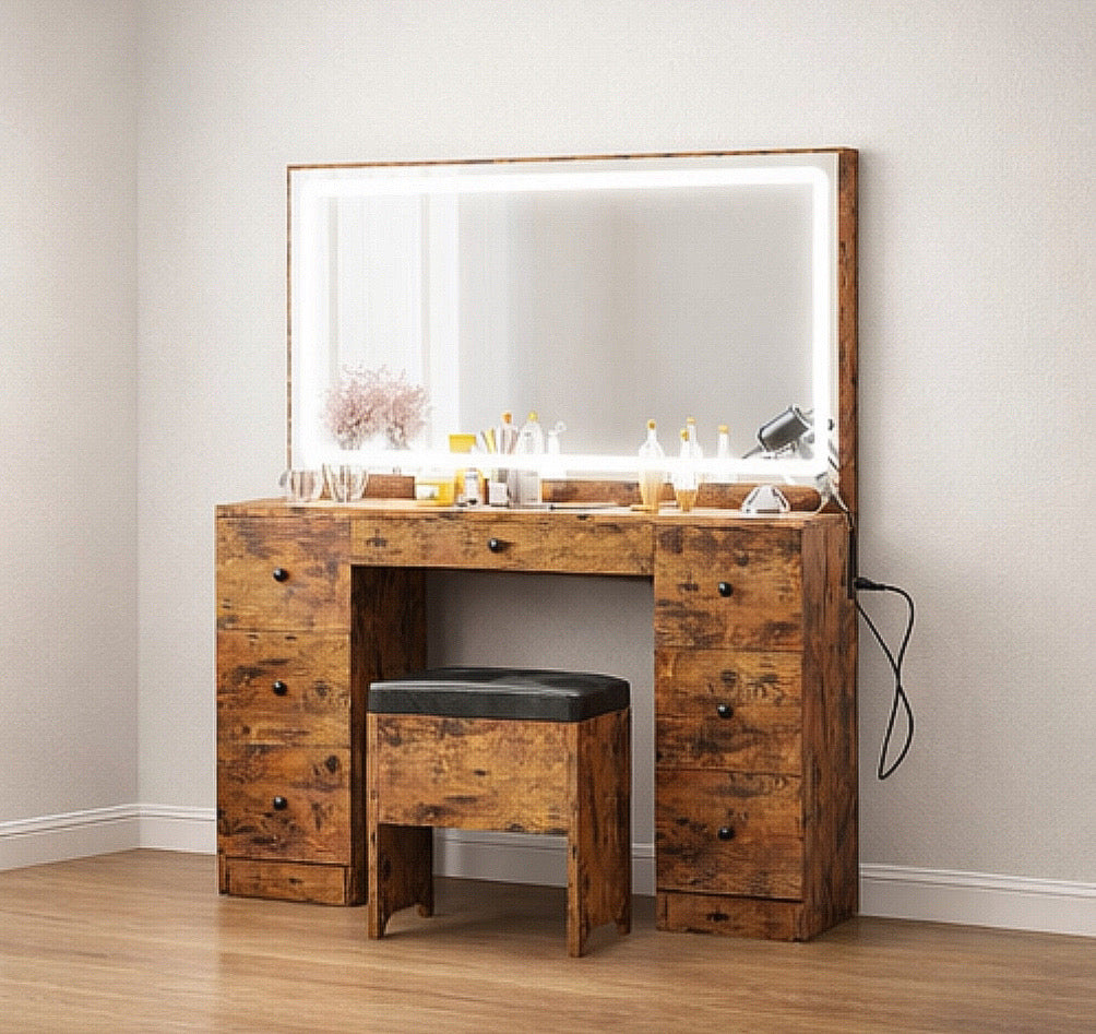 Vanity w/ LED Mirror, Power Outlet & 7 Drawers