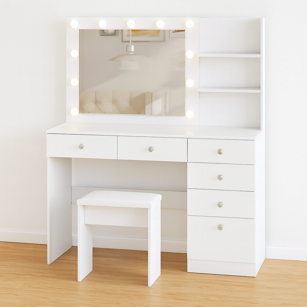 47" Vanity Desk w/ Outlet, 6 Drawers & Adjustable Lighting