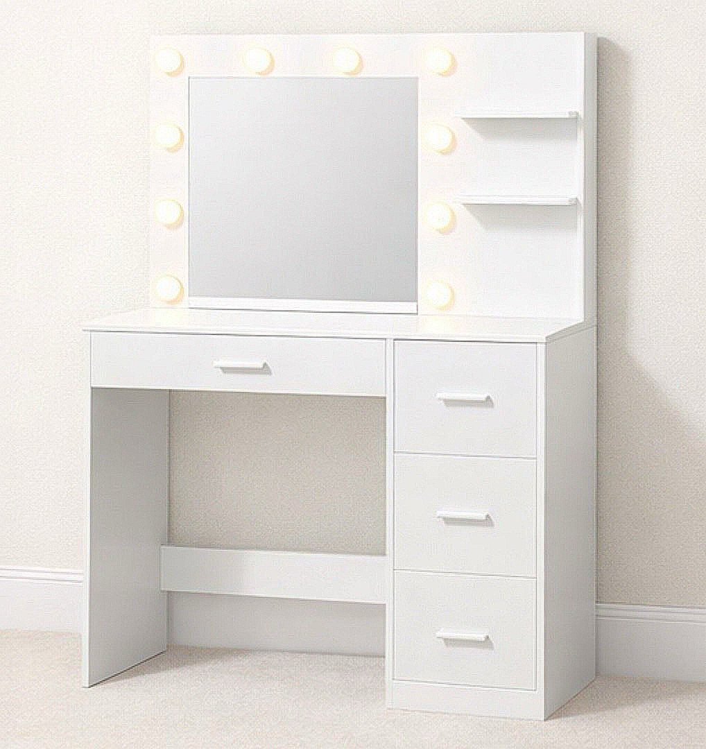 35” Vanity Desk w/ Lighted Mirror, Side Storage Shelf & 4 Drawers