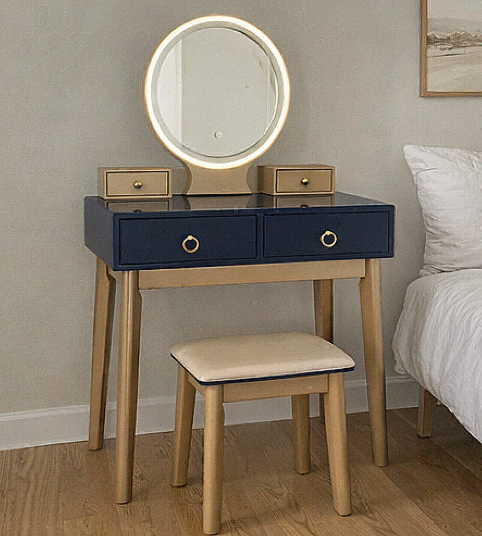 31” Vanity Desk w/ LED Mirror & Comfy Stool