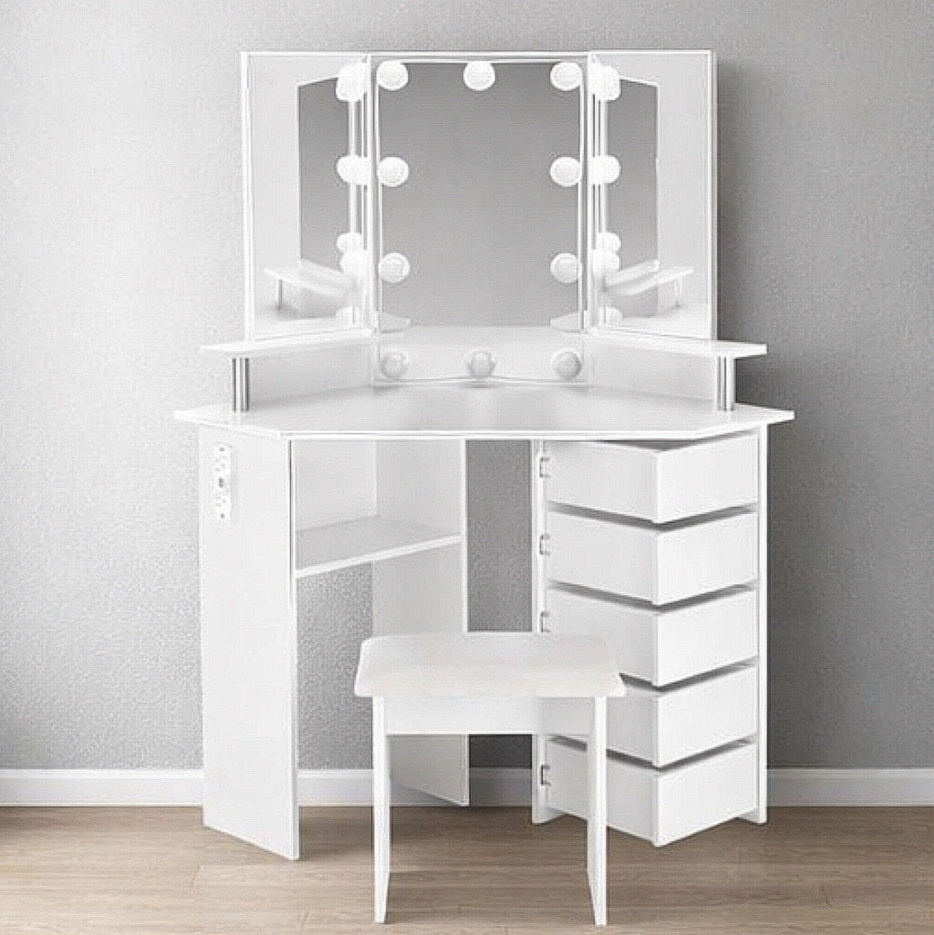 Tri-Fold Vanity Set w/ 5 Rotating Drawers and Outlets
