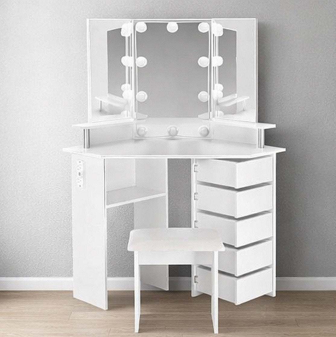 Tri-Fold Vanity Set w/ 5 Rotating Drawers and Outlets
