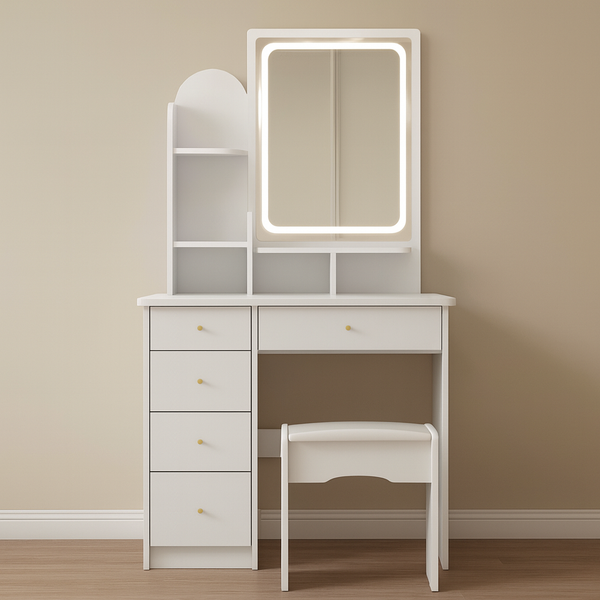 31” Vanity Desk w/ 5 Drawers, Side Storage & Cushioned Stool