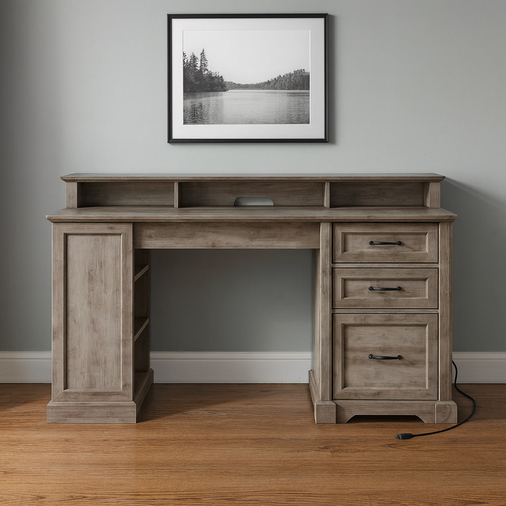 55” Farmhouse Office Desk w/ 3 Drawers & Charging Station