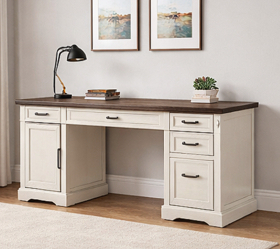 58" Farmhouse Executive Desk w/ Drawers & Power Outlets