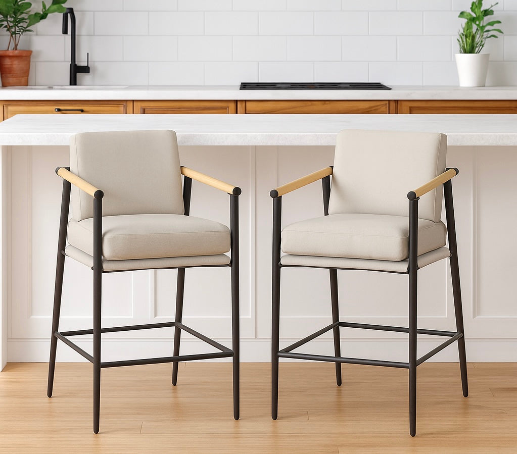 Mid Century Counter Stools w/ Wooden Armrests (Set of 2)