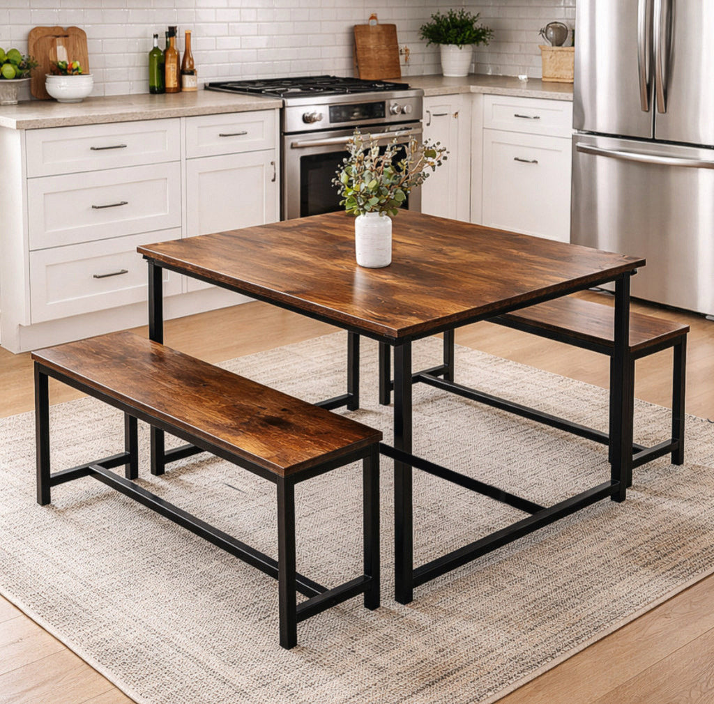 Rectangular Dining Table w/ Upholstered Benches Set for 4