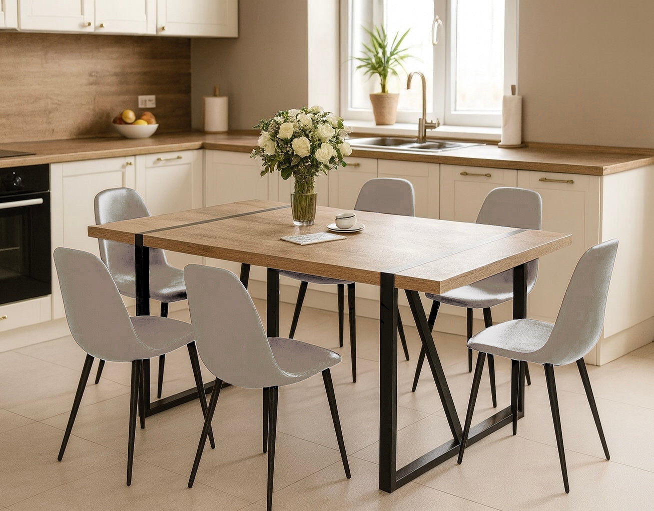 7-Piece Rectangle Wood Dining Table w/ Fabric Chairs Set for 6