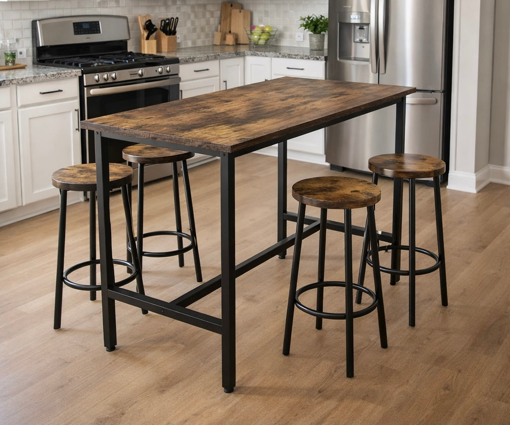 5-Piece Industrial Dining Table Set w/ 4 Stools