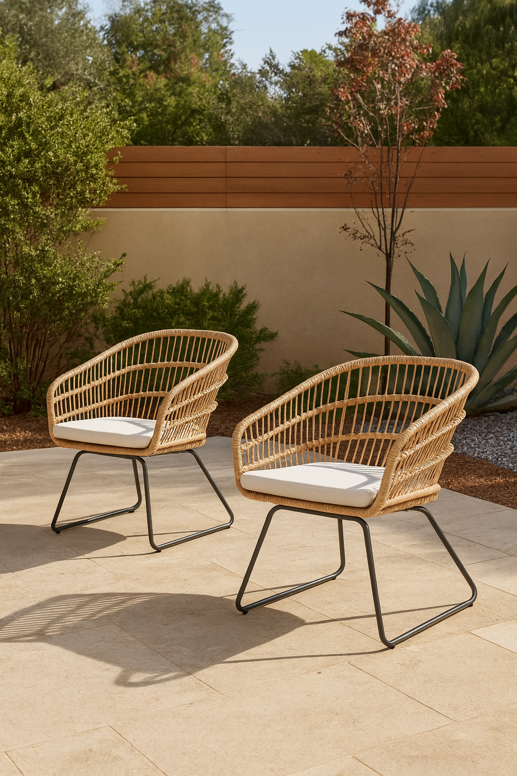 Boho-Style Rattan Chairs w/ Sled Base & Water-Resistant Cushions (Set of 2)