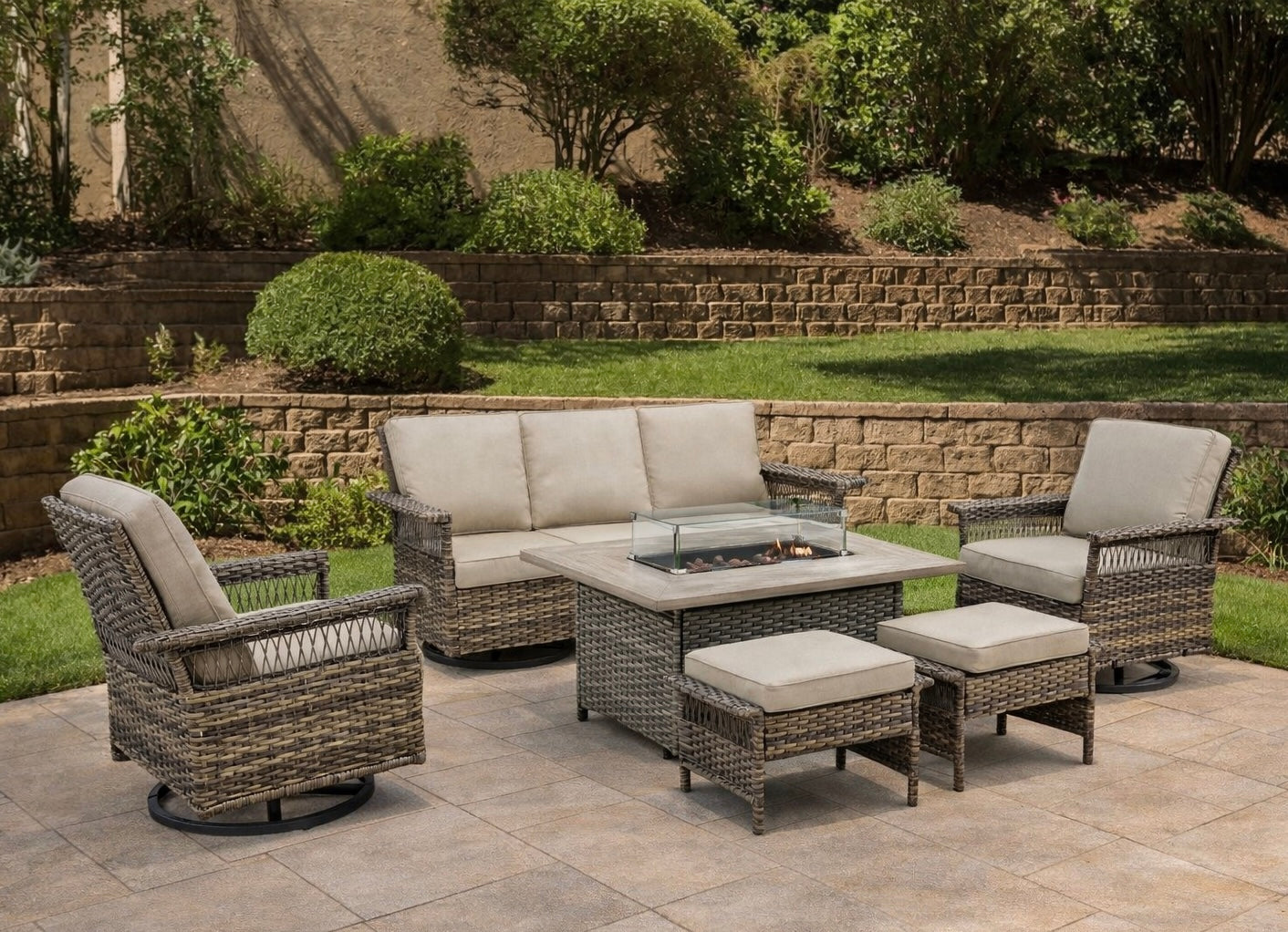 6-Piece Outdoor Sofa Conversation Set w/ Fire Pit Table