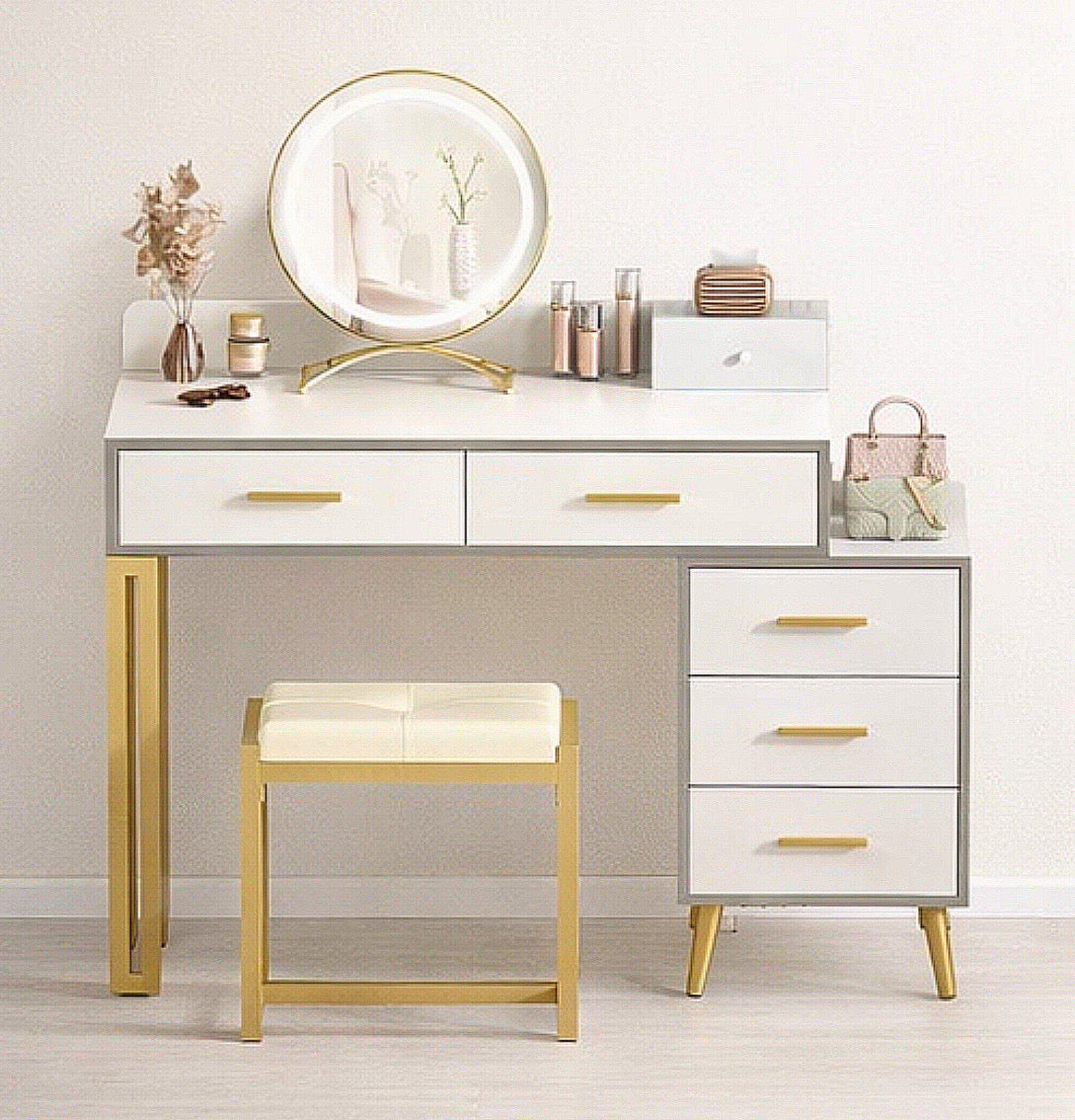 35” Vanity Desk w/ LED Mirror & 6 Drawers