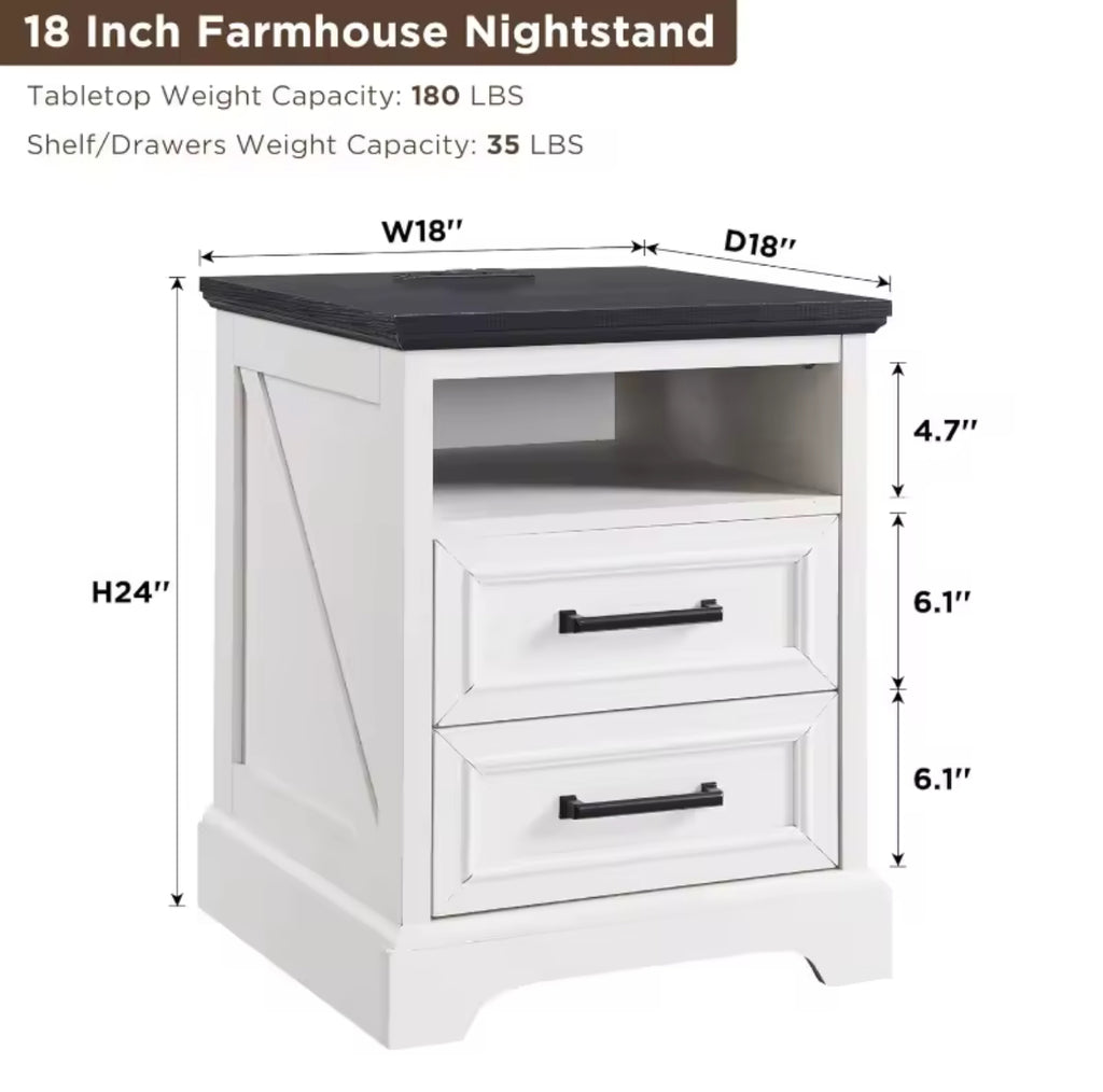 2-Drawer Farmhouse Nightstand w/ Charging Station