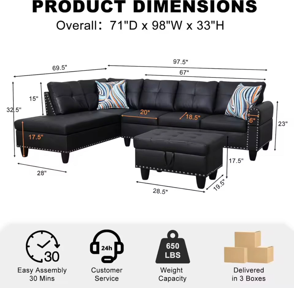 Sectional Set – Chaise & Ottoman w/ 2 Pillows