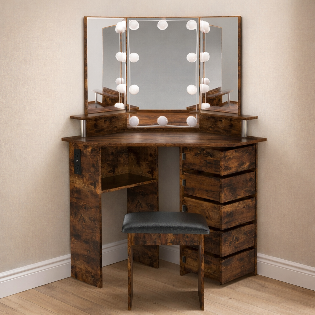 Tri-Fold Vanity Set w/ 5 Rotating Drawers and Outlets