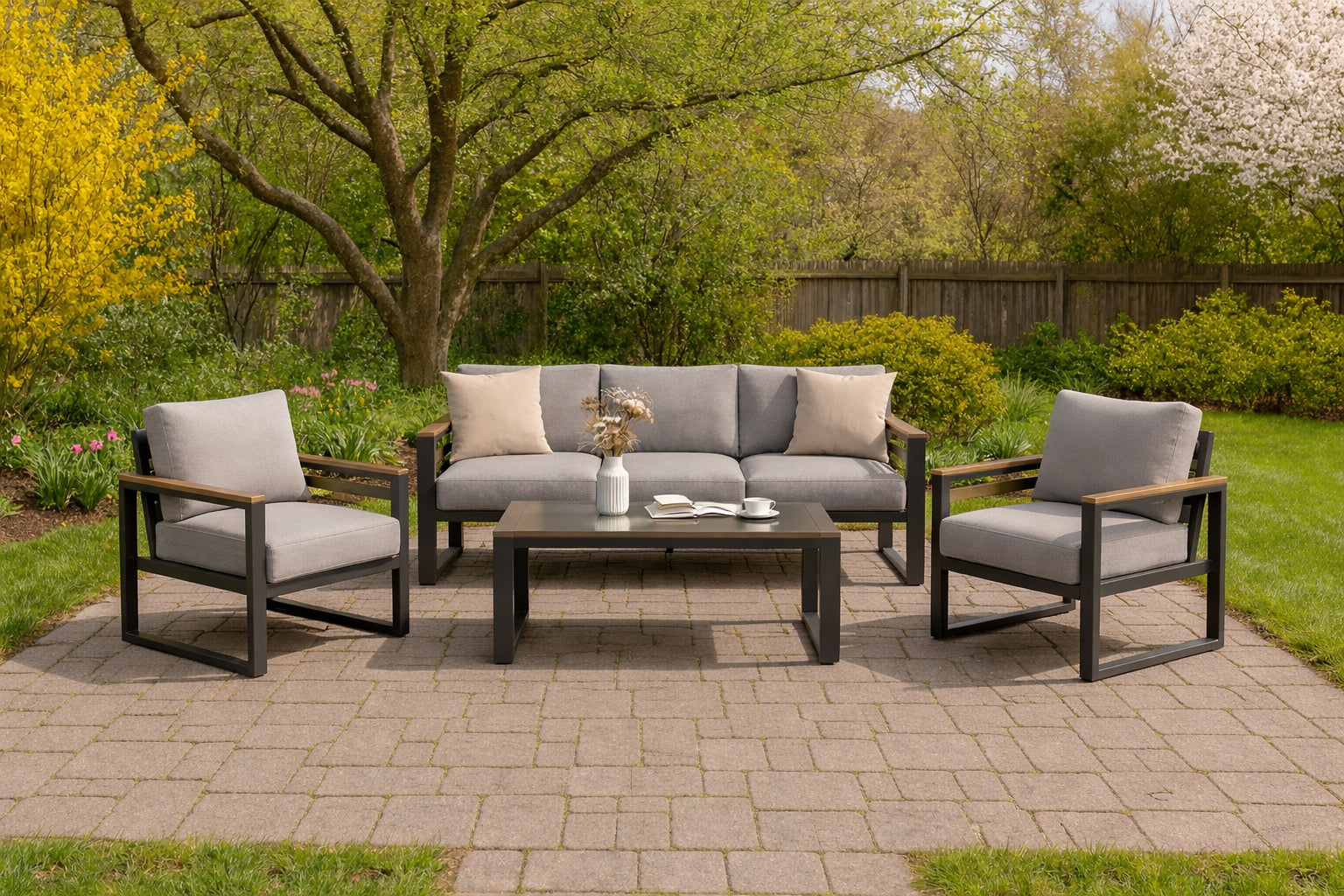 Outdoor Seating Group w/ Wood Armrest & Cushions