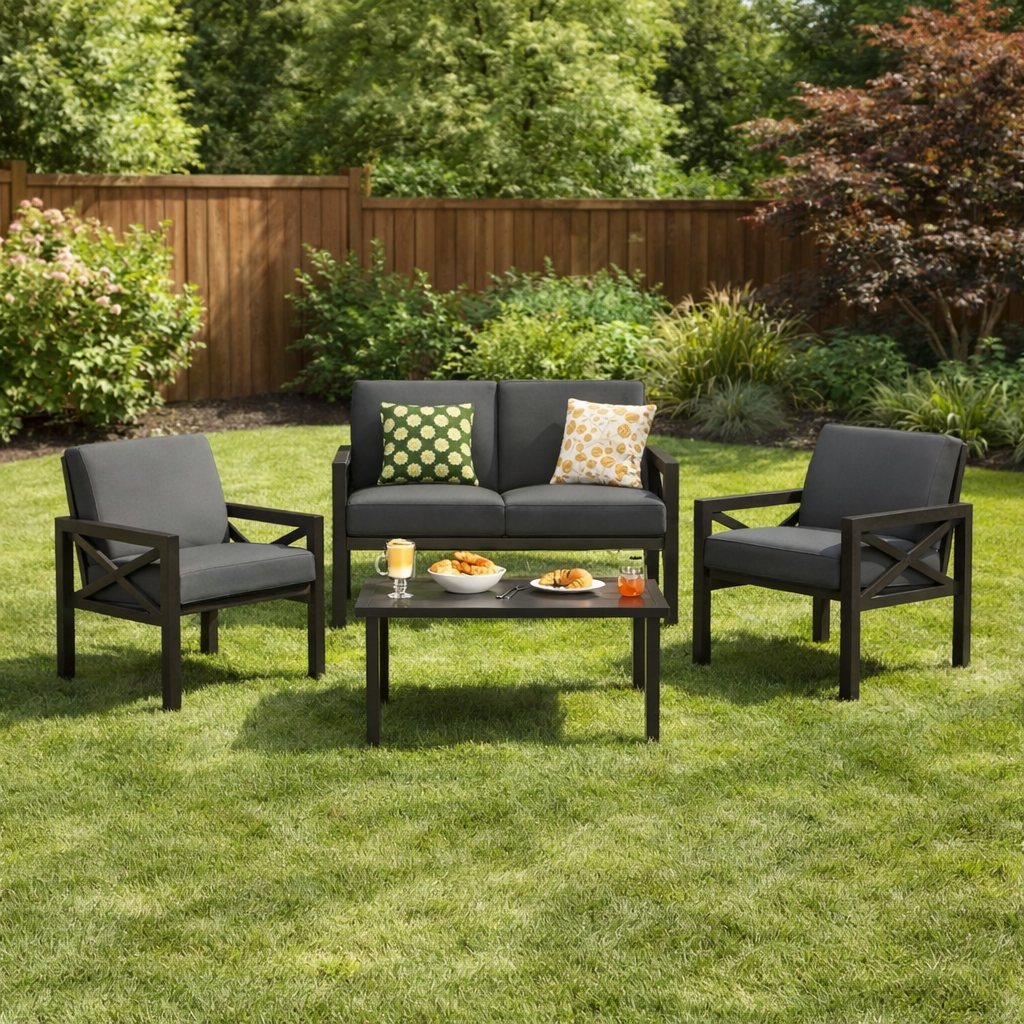 4-Piece Outdoor Patio Furniture Set w/ Thick Cushion & Low Table