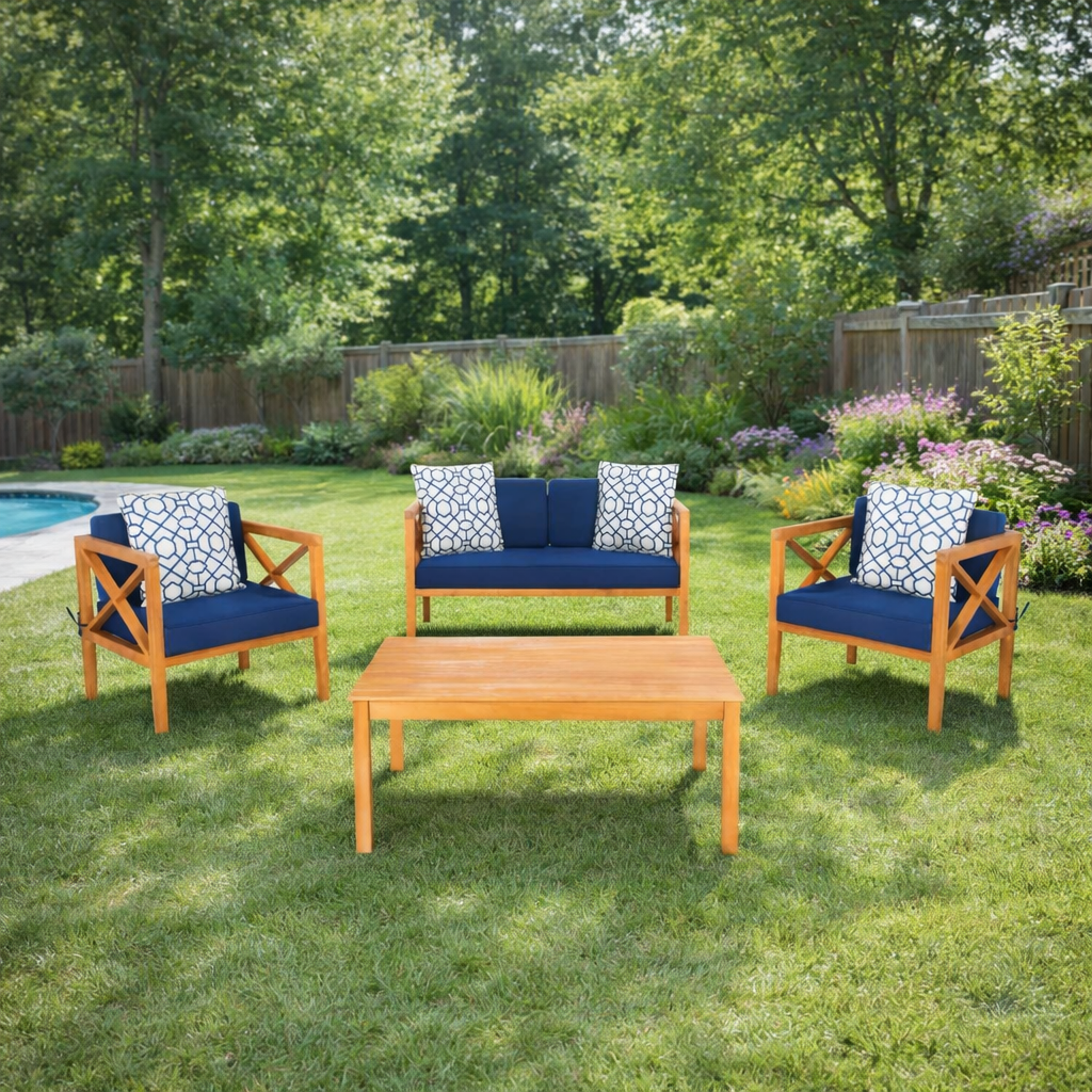 4-Piece Outdoor Patio Furniture Set w/ Thick Cushion & Low Table