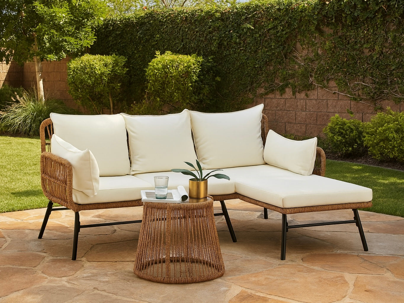 3-Piece L-Shaped Outdoor Sofa w/ Low Glass Table