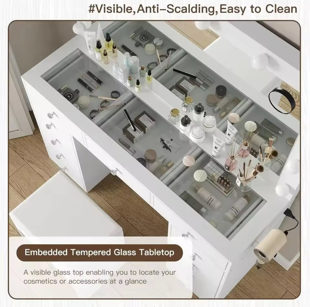 47” Vanity Desk w/ Power Outlet & 12 LED Lights