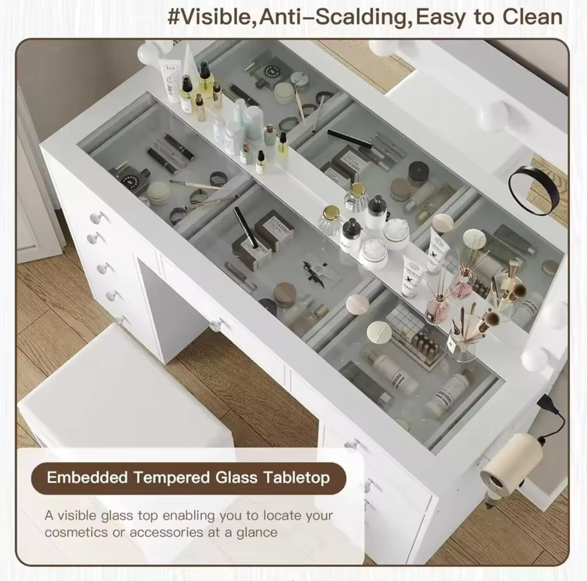 47” Vanity Desk w/ Power Outlet & 12 LED Lights