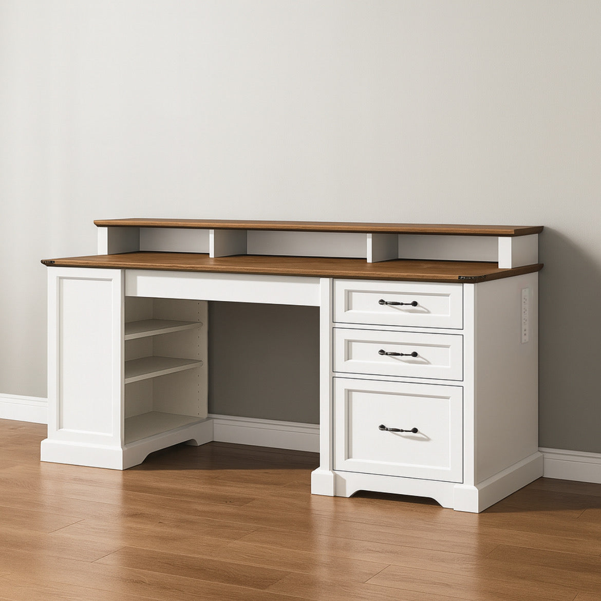 55” Farmhouse Office Desk w/ 3 Drawers & Charging Station