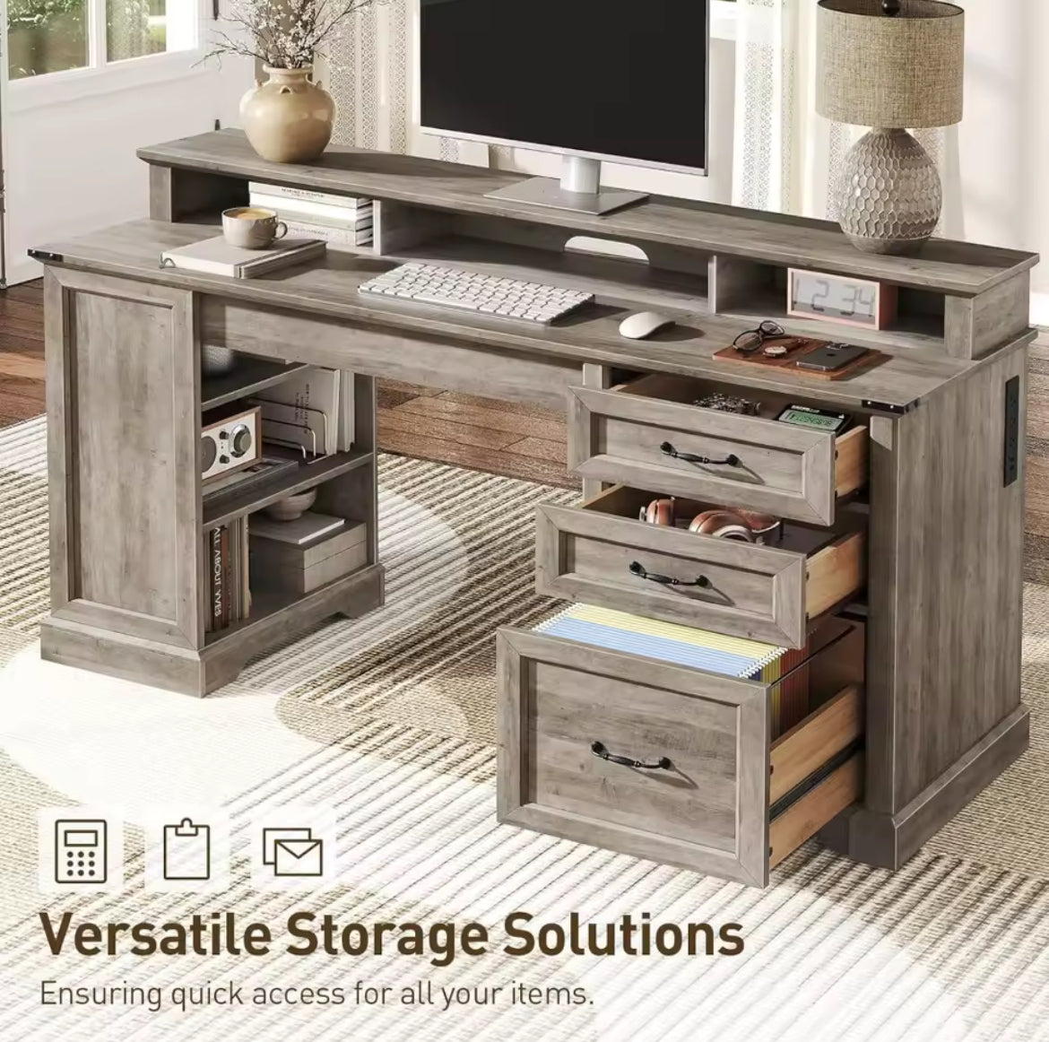 55” Farmhouse Office Desk w/ 3 Drawers & Charging Station