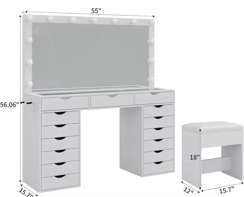 55” Vanity Desk w/ 3 Color Lighting Modes & 15 Drawers