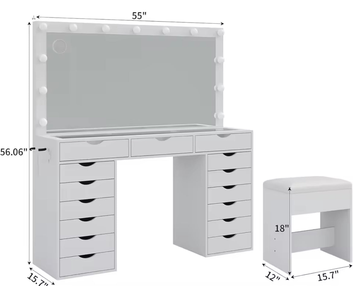 55” Vanity Desk w/ 3 Color Lighting Modes & 15 Drawers