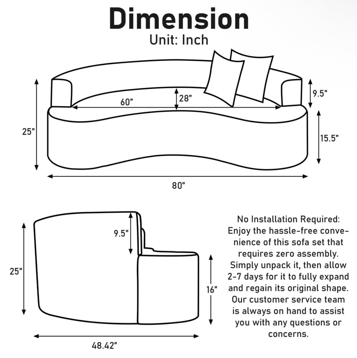 Luxury Curved Sofa w/ 2 Pillows