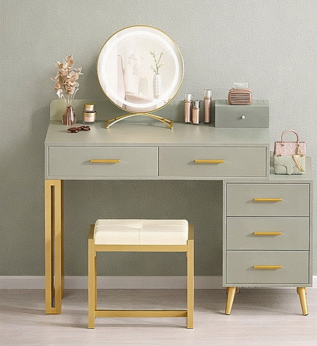 35” Vanity Desk w/ LED Mirror & 6 Drawers